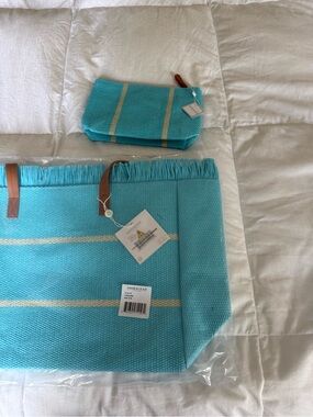 Shiraleah Turquoise and Cream Fringe Tote with Matching Pouch